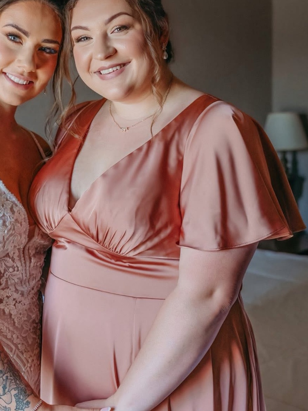 Azazie Kimber Bronzer Satin V-Neck Slit Gown